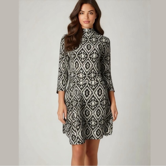 2/$30 H&M Black Cream High Neck Printed Knit Long Sleeve Sweater Dress Medium - Picture 1 of 12